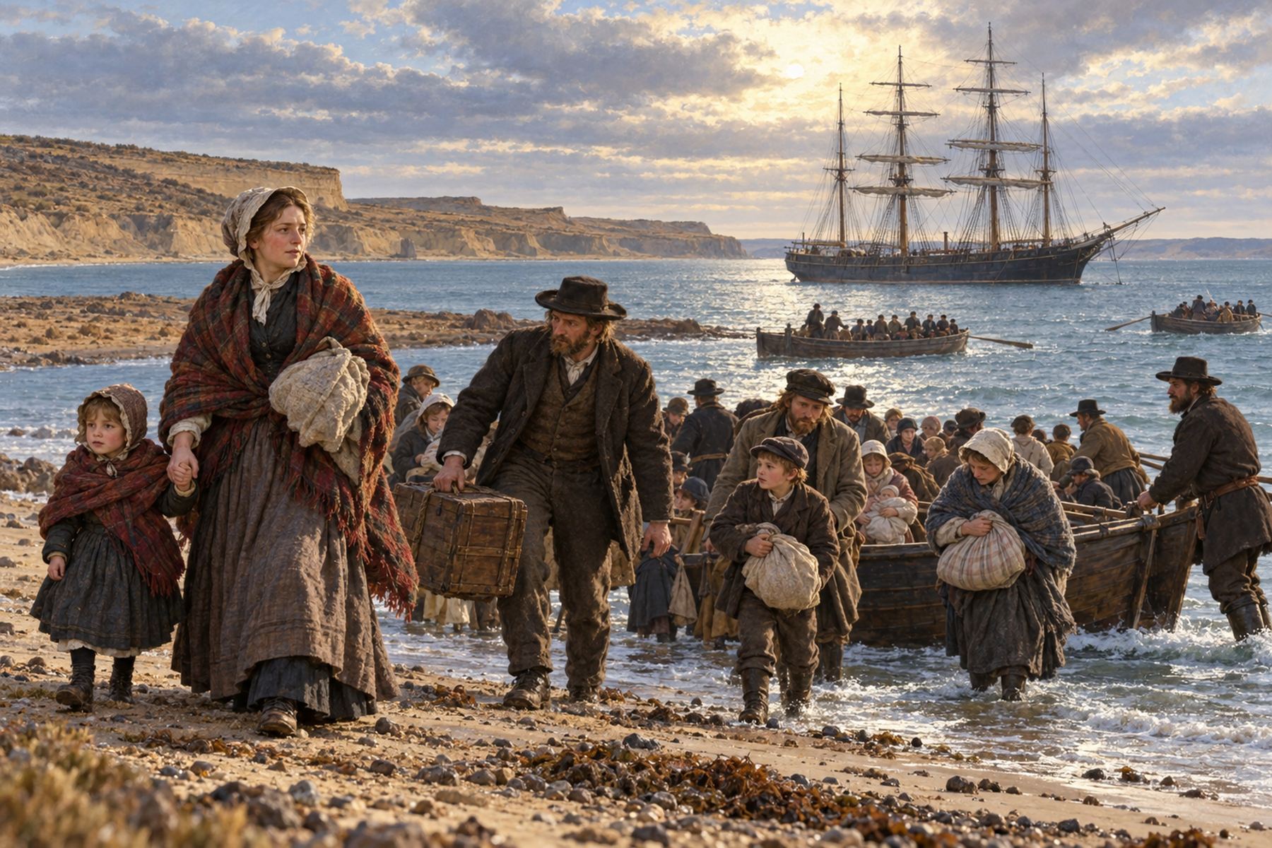 Ilustración del desembarco del velero Mimosa en el Golfo Nuevo, 1865